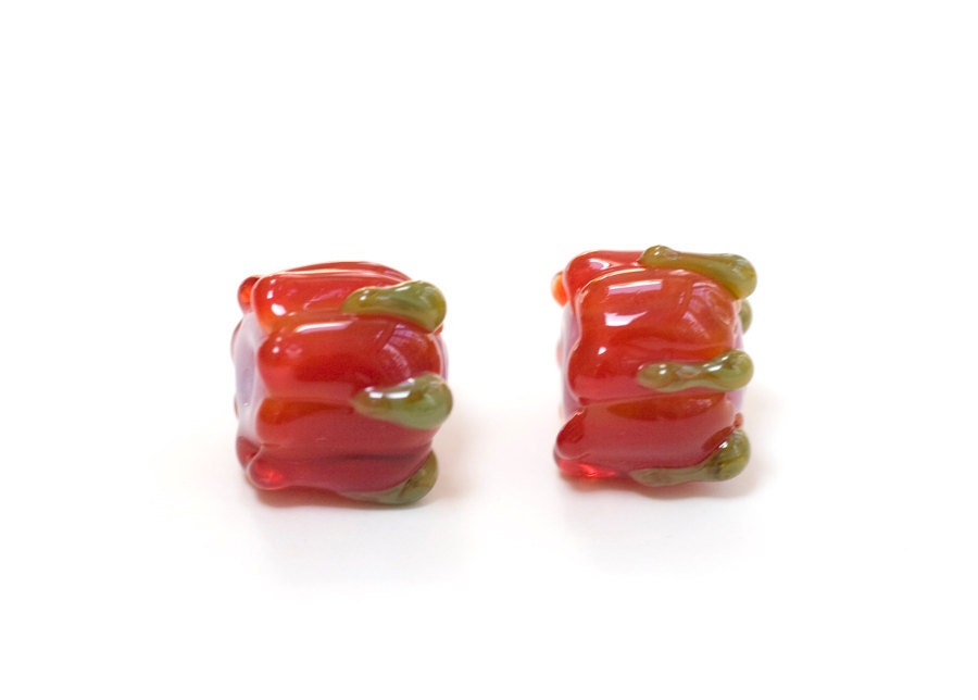 Lampwork Glass Flower Bud Beads Handmade Earring Pair Orange Pink
