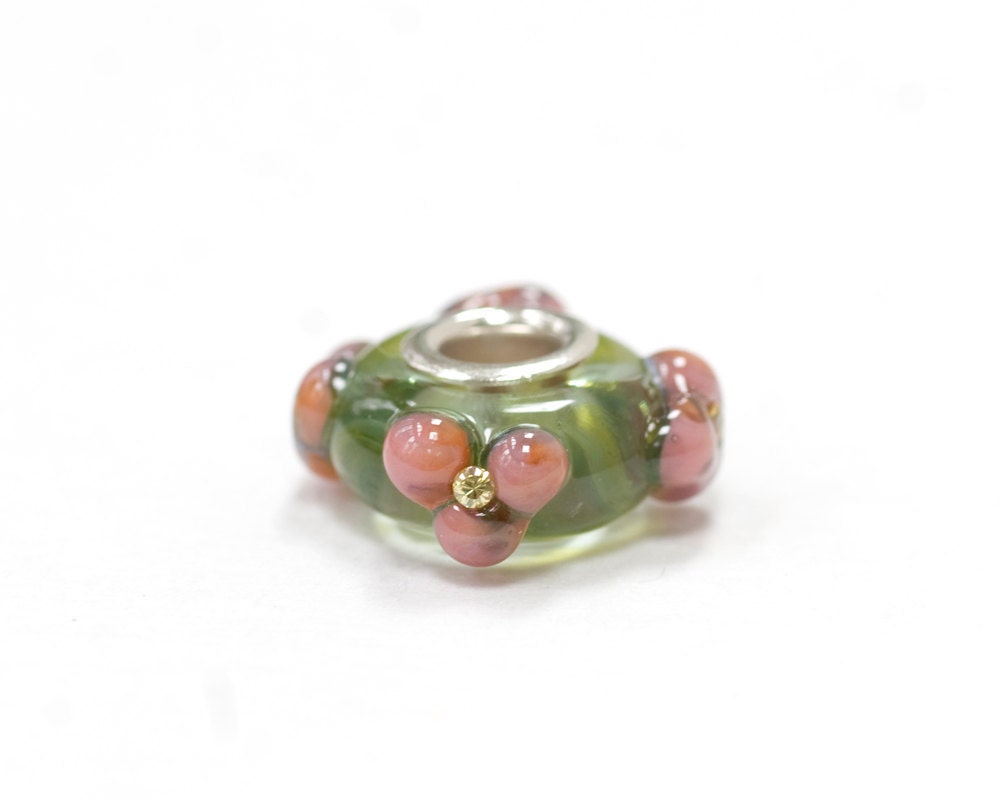 Lampwork Glass Silver Bead European Charm CZ Flowers on Juniper Green Big Large Hole