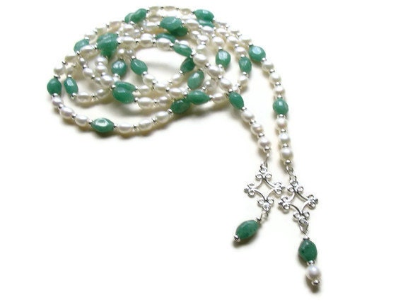Pearl and Aventurine Lariat Necklace