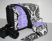 Digital Slr CAMERA Bag - Dslr camera Bag - Lens case 2 - Camera Strap Cover - black damask violet ruffle  XcessRize Designs