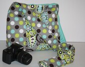 Slr CAMERA Bag Hobo Market / Camera Strap Cover with Lens Cap Pocket Aqua Grey Lime Foam Padding