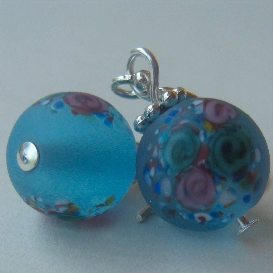 Earrings aqua floral czech glass - Spring garden.