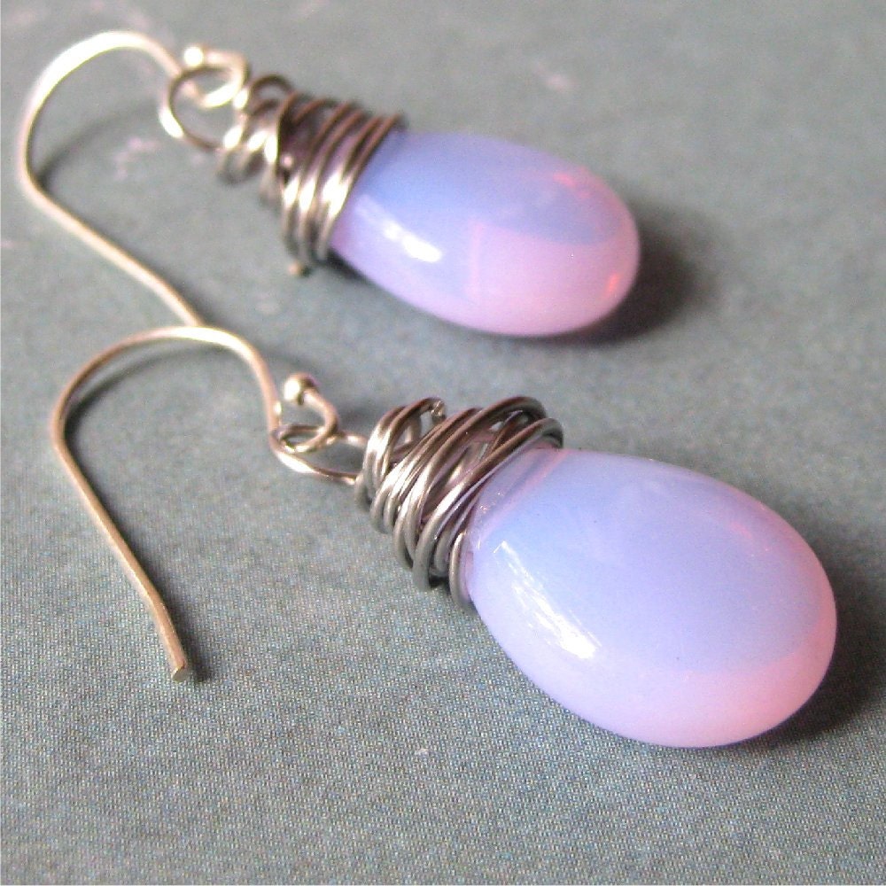 Opal czech glass drop earring wire wrapped - milky alexandrite