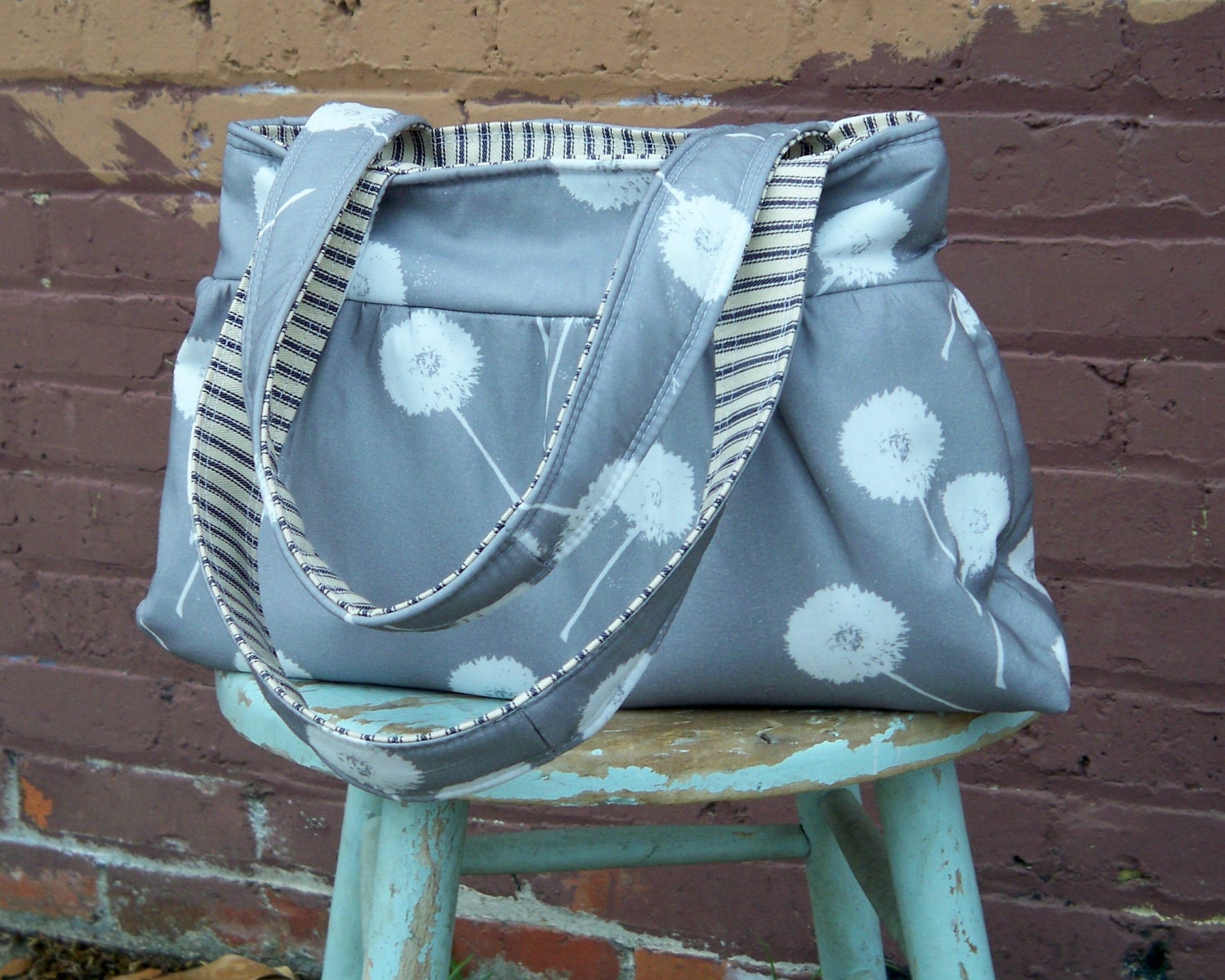 Grey Dandelion Tote - - 3 Pockets - Key Fob - - Retrofied Fabric