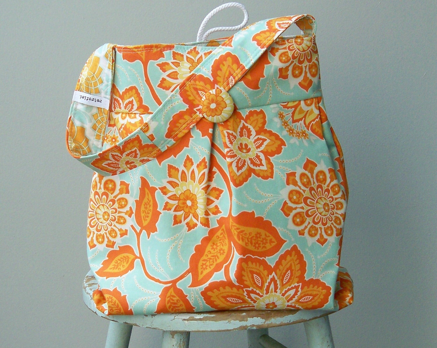 Robins Egg Blue Hobo, Floral, Orange, Large, Reversible, Joel Dewberry Fabrics