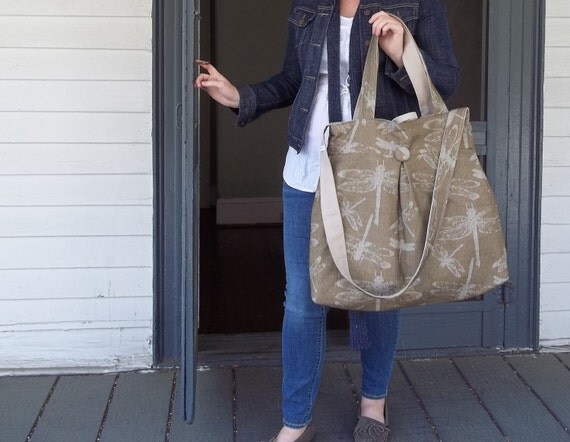 Dragonfly Bag - Road trip Bag - XL - Reversible - Linen - Zipper Pouch Set