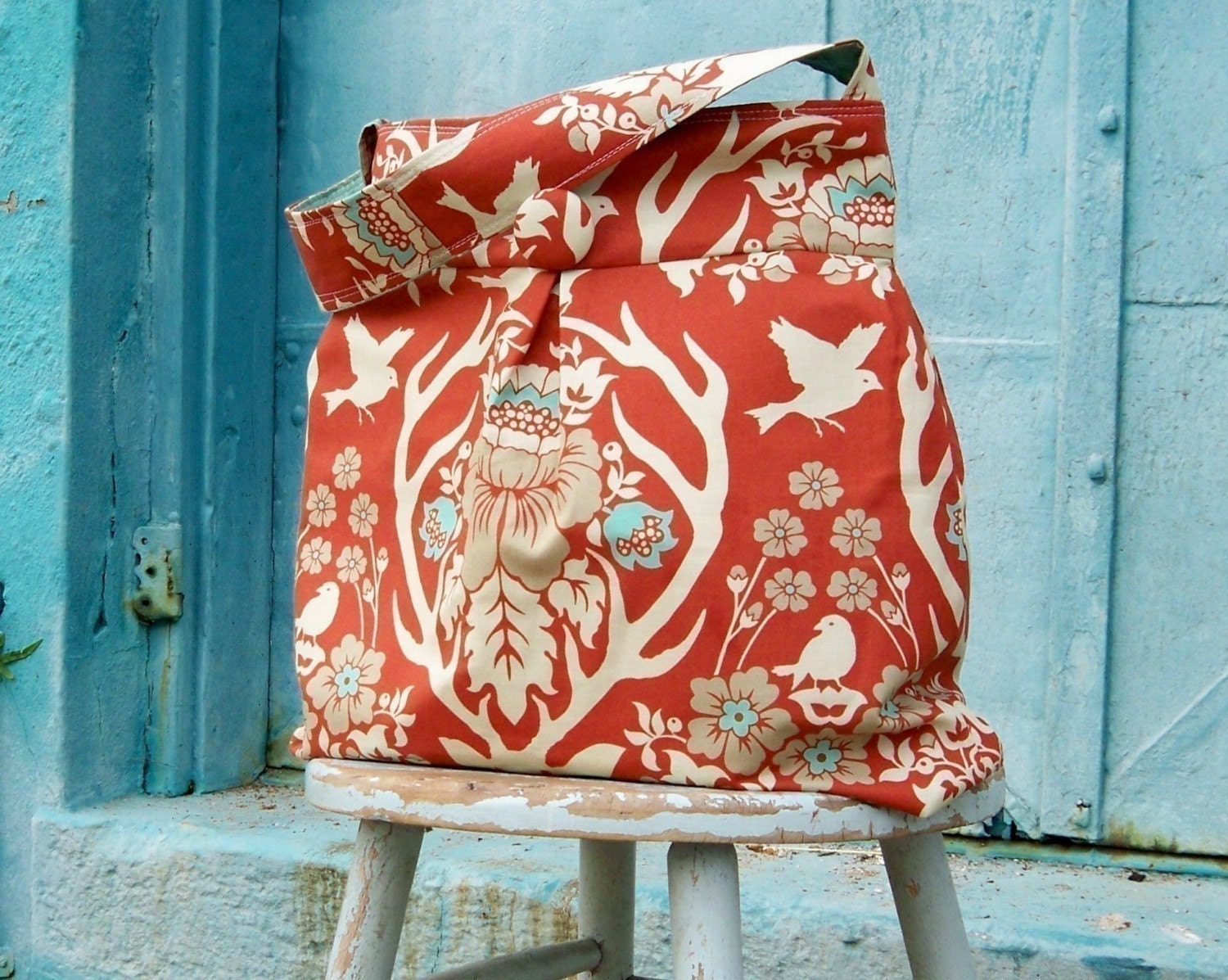Terra Cotta Hobo Bag, Deer Antler, Floral Drop Azure, Reversible