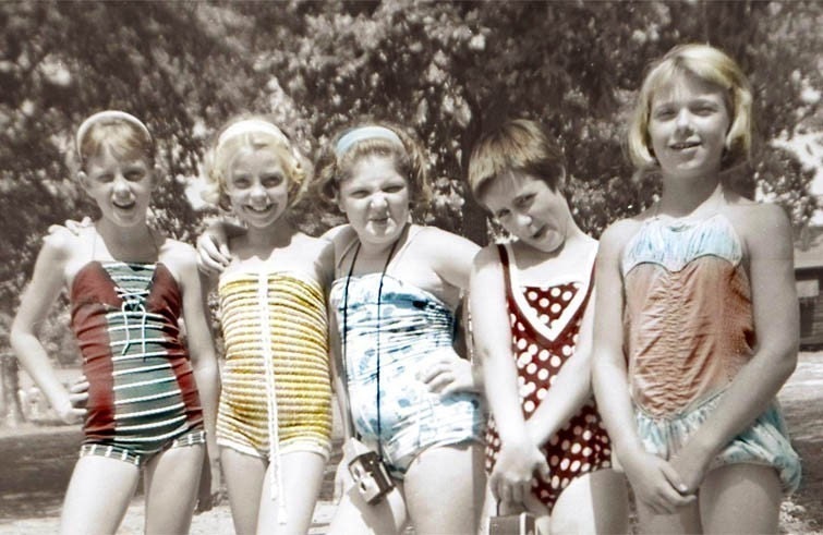 Hanging Out with The Girlfriends Bathing Suit Girls w CAmera vintage photo greeting card Summer Camp vintage Swimsuit 1950s