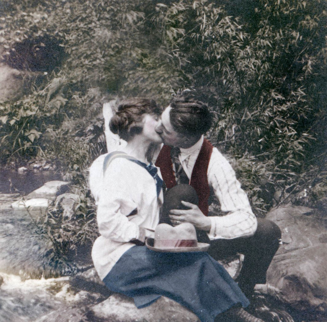 I Love you Lovers Kiss by River Greeting card tinted vintage photo