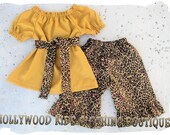 Custom Boutique Clothing Leopard Mustard Gold Peasant Dress Top Ruffled Pant Outfit Set 3 6 9 12 18 24 month 2T 2 3T 3 4T 4 5T 5 6 7 8