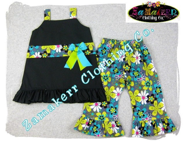 Custom Boutique Clothing Black Aline Dress Top Funky Floral Ruffle Pant Bottom Outfit 3 6 9 12 18 24 month size 2T 2 3T 3 4T 4 5T 5 6 7 8