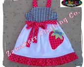 Girls Dresses Custom Boutique Clothing Gingham Dot Strawberry Aline Jumper Ruffle Dress 3 6 9 12 18 24 month size 2T 2 3T 3 4T 4 5T 5 6 7 8