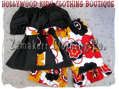 Custom Boutique Clothing Peasant Dress Top Retro Floral Orange Ruffled Pant Outfit Sash Set 3 6 9 12 18 24 month 2T 2 3T 3 4T 4 5T 5 6 7 8