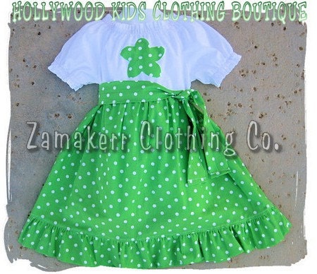 Custom Boutique Baby Girl Clothing Lime Green Polka Dot Peasant Dress w/ Sash Outfit Set 3 6 9 12 18 24 month 2T 2 3T 3 4T 4 5T 5 6 7 8