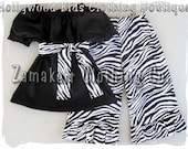 Custom Boutique Clothing Peasant Dress Top w/ Sash Funky Zebra Ruffled Pant Outfit Set 3 6 9 12 18 24 month size 2T 2 3T 3 4T 4 5T 5 6 7 8