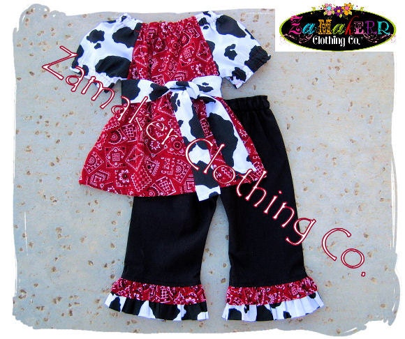 Girl Cow Outfit Set - Girl Farm Birthday Party - Cow N Bandana Top Ruffle Pant Set 3 6 9 12 18 24 month size 2t 2 3t 3 4t 4 5t 5 6 7 8