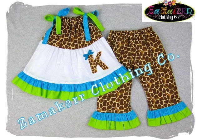Girl Giraffe Outfit - Lime Aqua Baby Girl Clothes- Giraffe Top Ruffle Pant Outfit Set 3 6 9 12 18 24 month size 2T 2 3T 3 4T 4 5T 5 6 7 8