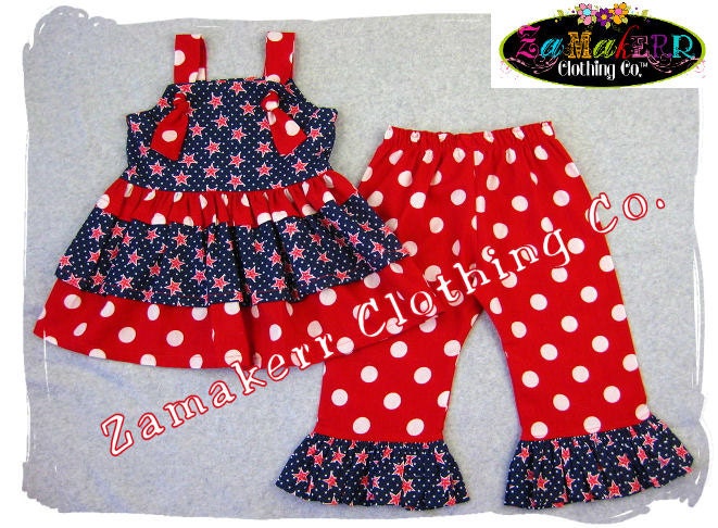 Custom Boutique Red White Blue Twirl Knot Tie Dress Top Polka Ruffle Pant Bottom Outfit 3 6 9 12 18 24 month size 2T 2 3T 3 4T 4 5T 5 6 7 8