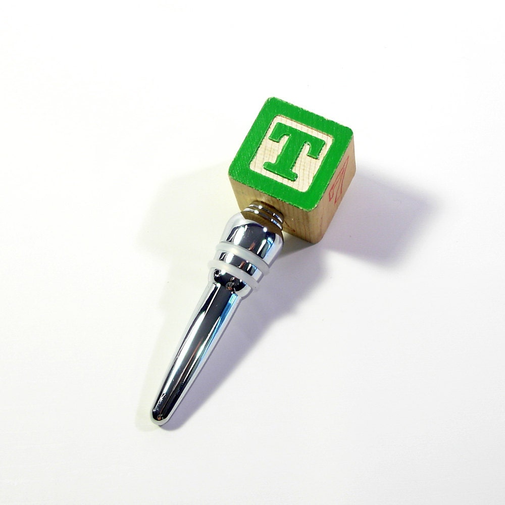 Wine Bottle Stopper - Upcycled Vintage ABC Block (green T, yellow J)