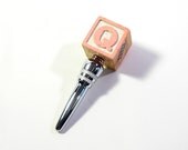 Wine Bottle Stopper - Upcycled Vintage ABC Block (pink Q, pink O)