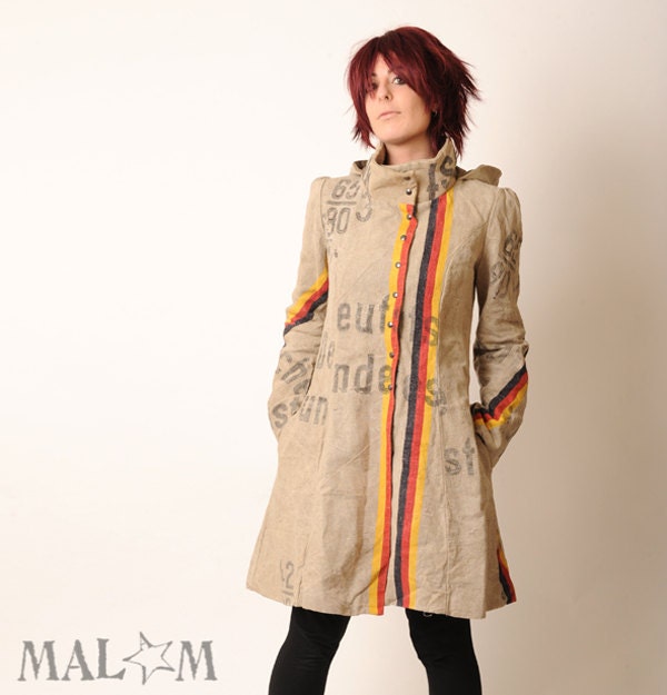 Repurposed Clothing - Recycled Coat with Goblin Hood and tall collar - Repurposed German postal bags - Eco fashion