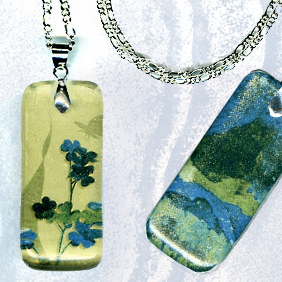 Lucky Clover Necklace -GeoForms Petite Reversible Glass Art Necklaces- Chartreuse Turquoise Clover