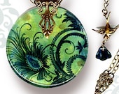 Peacock Necklace - Reversible Glass Art  - Voyageur - The Alhambra Collection - Peacock Feather Fleur