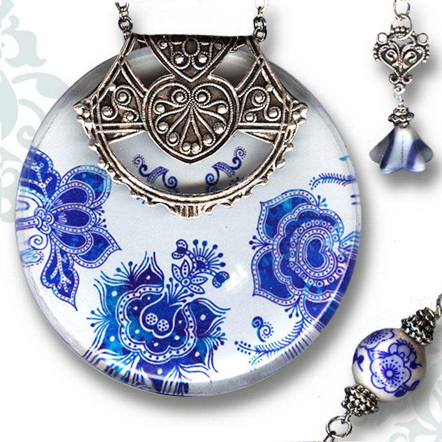 Moroccan Necklace - Reversible Glass Art - Voyageur-Moroccon Market Collection - Bleu Jardin Majorelle