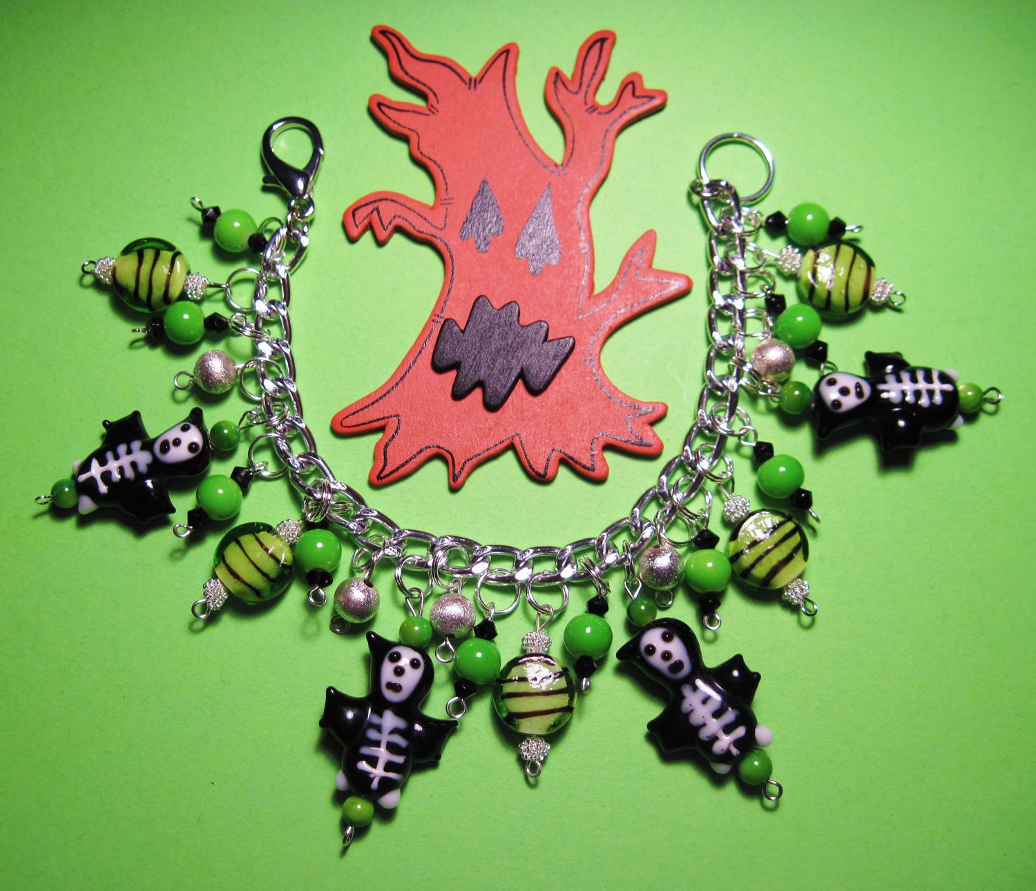 Skeleton Skull Charm Bracelet Lampwork Grim Reaper Death Dead Goth Spooky Cute Halloween Jewelry OOAK Statement Piece