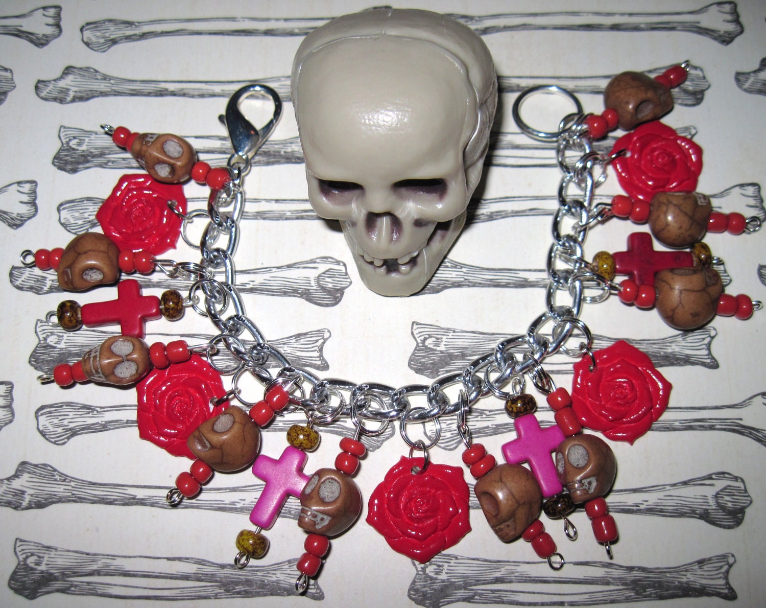 Sugar Skulls Charm Bracelet Day of The Dead Jewelry Dia De Los Muertos Roses Crosses Beads Mexican Style Jewelry OOAK