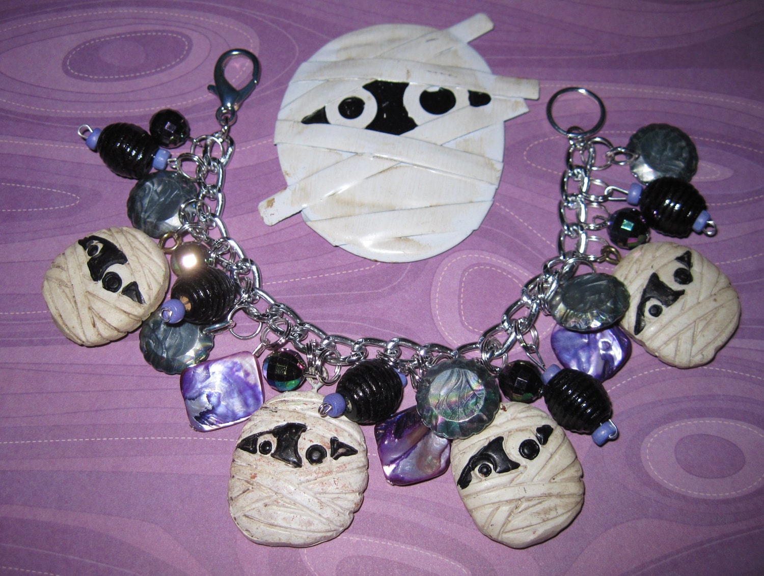 Mummy Charm Bracelet Halloween Jewelry Beads OOAK Vintage Style Statement Piece White Horror Monster Psychobilly