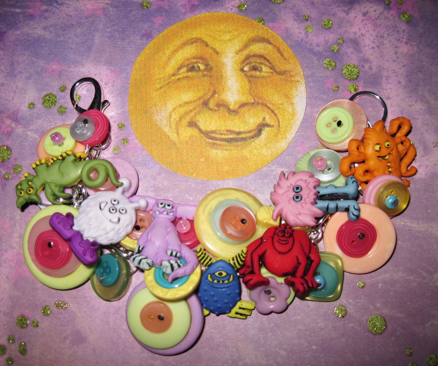 Monster Charm Bracelet Halloween Jewelry Spooky Cute Ghoulies Buttons OOAK Statement Piece Fun Funky Chunky
