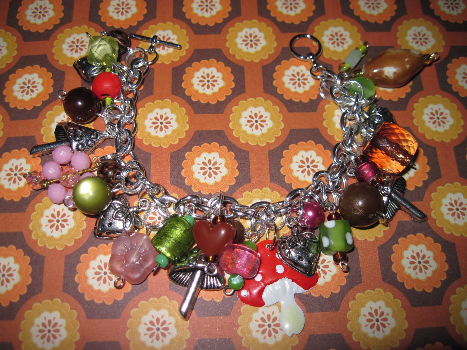 Spring Toadstool Garden Charm Bracelet OOAK Whimsical Mushrooms Strawberries Eclectic Beads Cute Kitsch Fun Statement Piece Jewelry