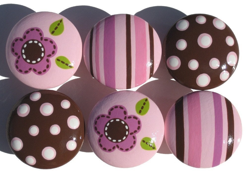 6 Hand Painted Drawer Knobs, Stripes, Spots and Flower Pulls