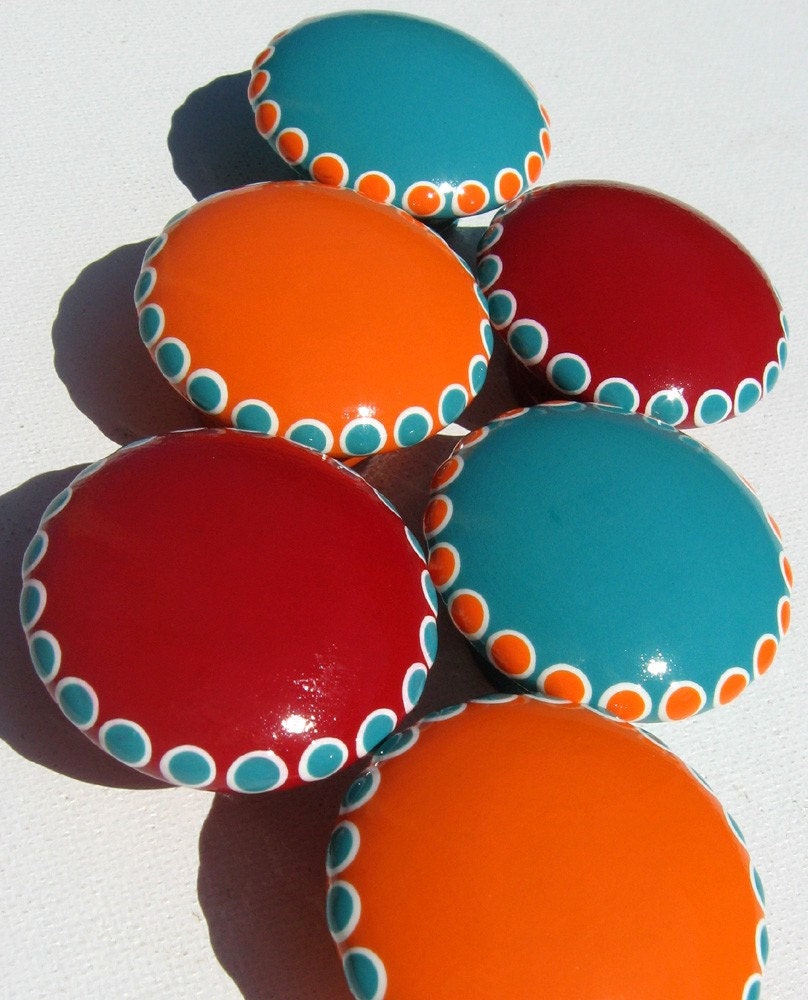 Aqua Blue, Red and Orange Hand Painted Drawer Knobs Set of 6 Pulls