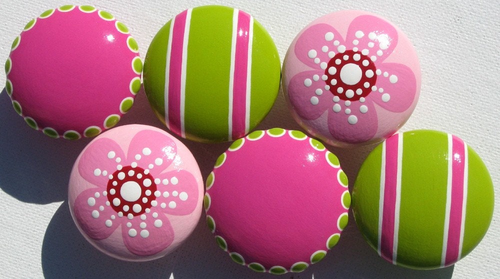 Set of 6 Hand Painted Drawer Knobs: Hot Pink and Lime Green Striped and Spotted and Cherry Blossom Pale Pink