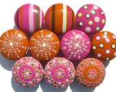 Striped, Spotted and Dotted Hand Painted Drawer Knobs - Orange, Hot Pink, Light Pink, Brown, Green and Vanilla, Set of 10