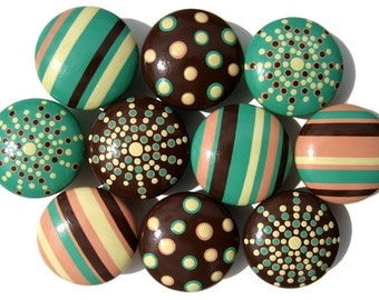 Hand Painted Drawer Knobs Minty Green, Chocolate Brown, Salmon Pink and Cream Set of 10