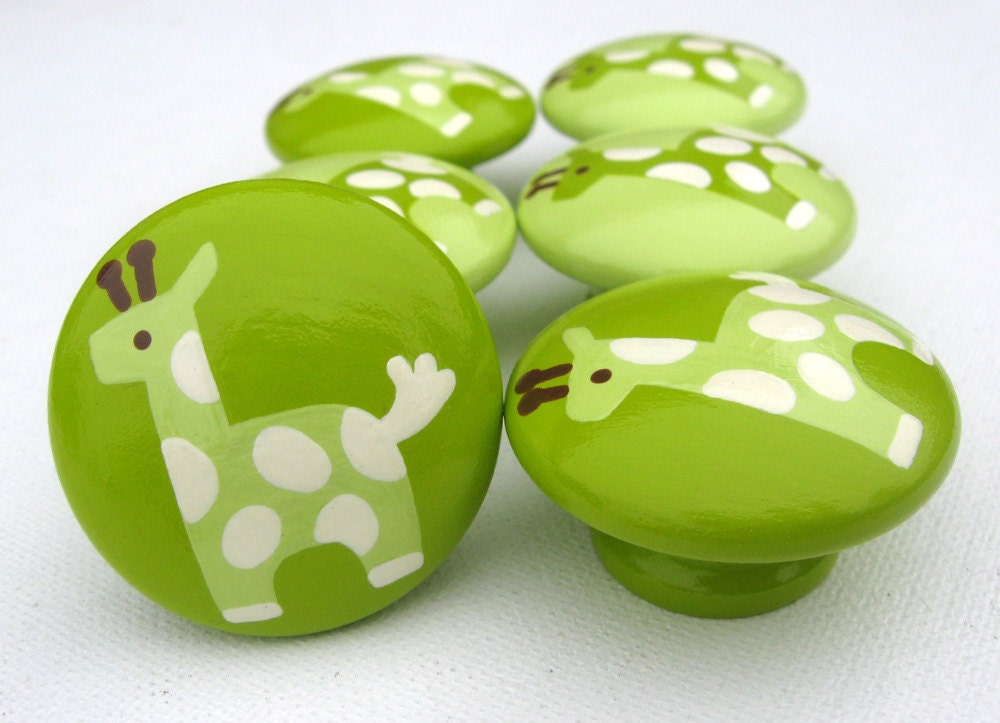 Hand Painted Giraffe Drawer Knobs in Lime Green, Pale Green and Vanilla - Set of 6