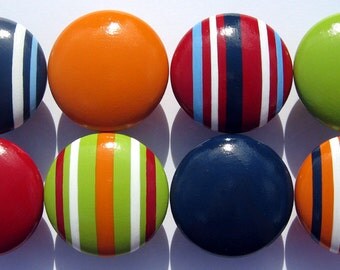 Set of 8 Hand Painted Drawer Knobs: Striped and Solid Pulls in Red, Green, Orange and Navy Blue
