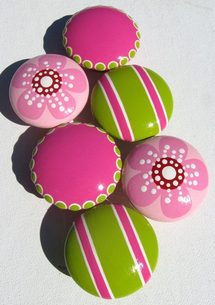 Set of 6 Hand Painted Drawer Knobs: Hot Pink and Lime Green Striped and Spotted and Cherry Blossom Pale Pink