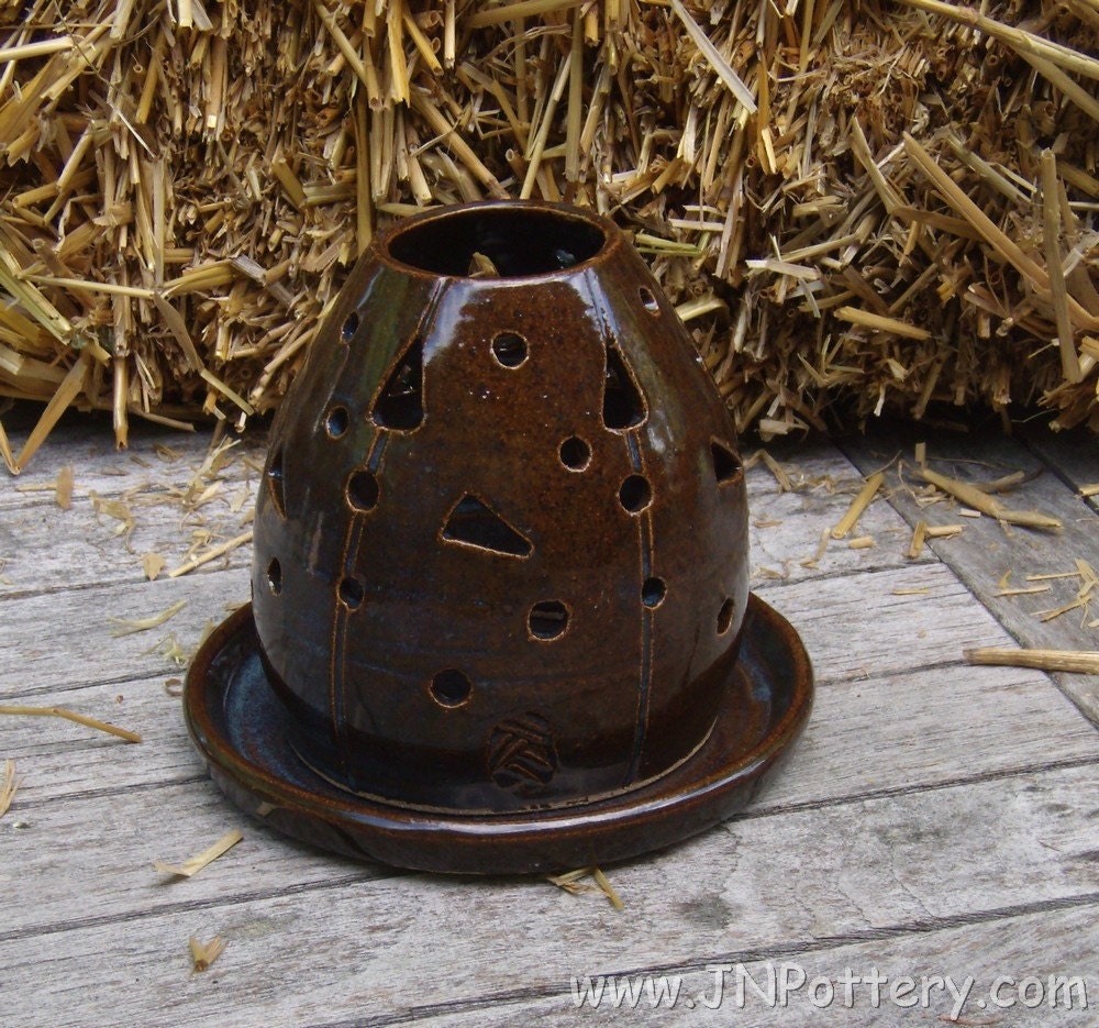 Pierced Stoneware Luminary / Candle Holder,  Brown  with Deep Blue Flecks  v363