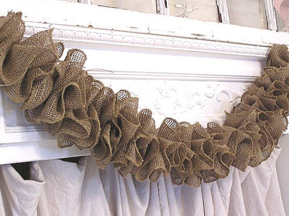 Rustic Prairie Hand Made Natural Brown Ruffle Burlap Garland