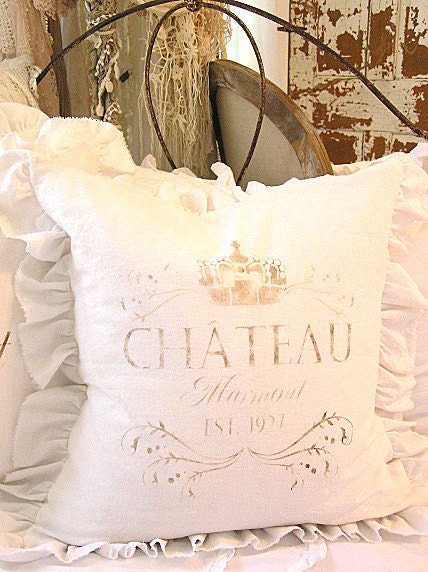 Made to Order Shabby French Chic White Linen Pillow (SLIP COVER ONLY) Faded Brown Chateau Marmont Design