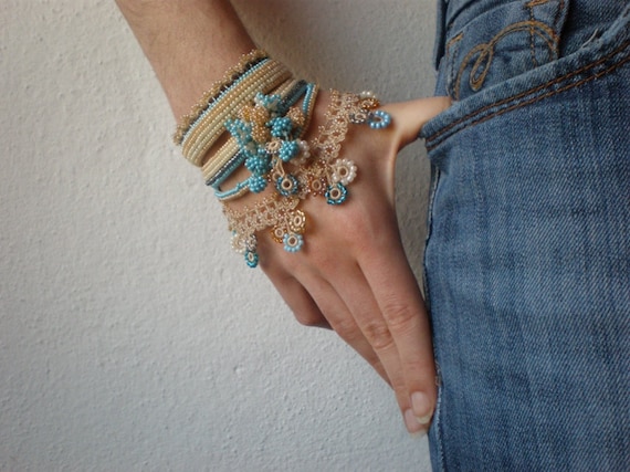 Fuchsia Pilaloensis ... Freeform Crochet Cuff - Flowers - Cream Beige Teal Blue