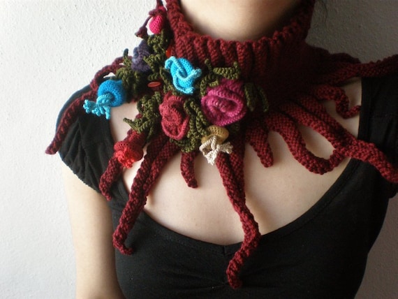 Elan ... Knitted Neck Warmer / Scarflette - Burgundy - Pink Blue Red Colorful Crochet Flowers