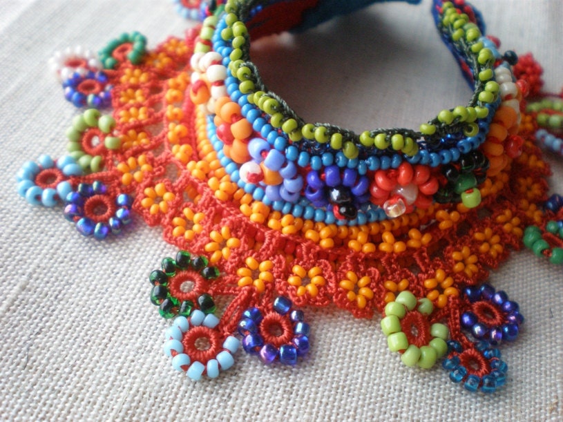 Fuchsia Magdalenae ... Freeform Crochet Cuff - Flowers - Orange Red Blue Lime
