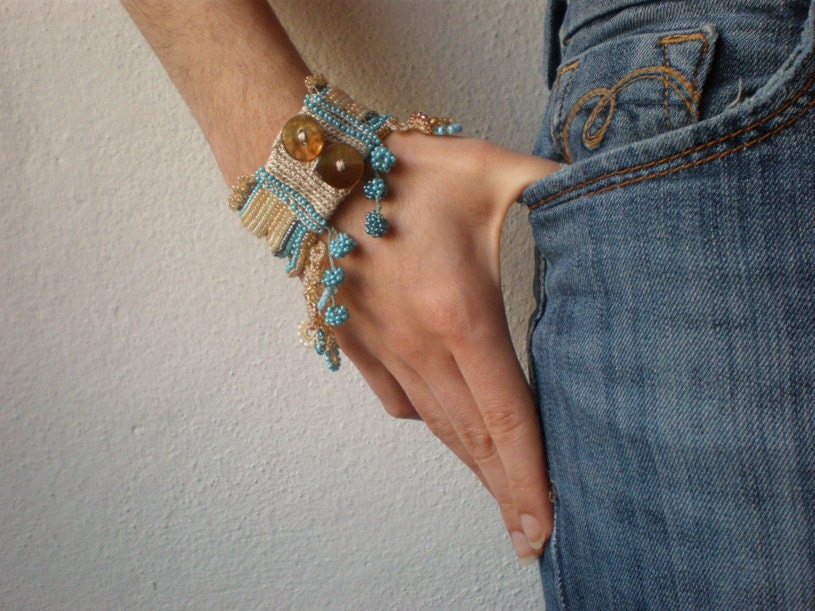 Fuchsia Pilaloensis ... Freeform Crochet Cuff - Flowers - Cream Beige Teal Blue