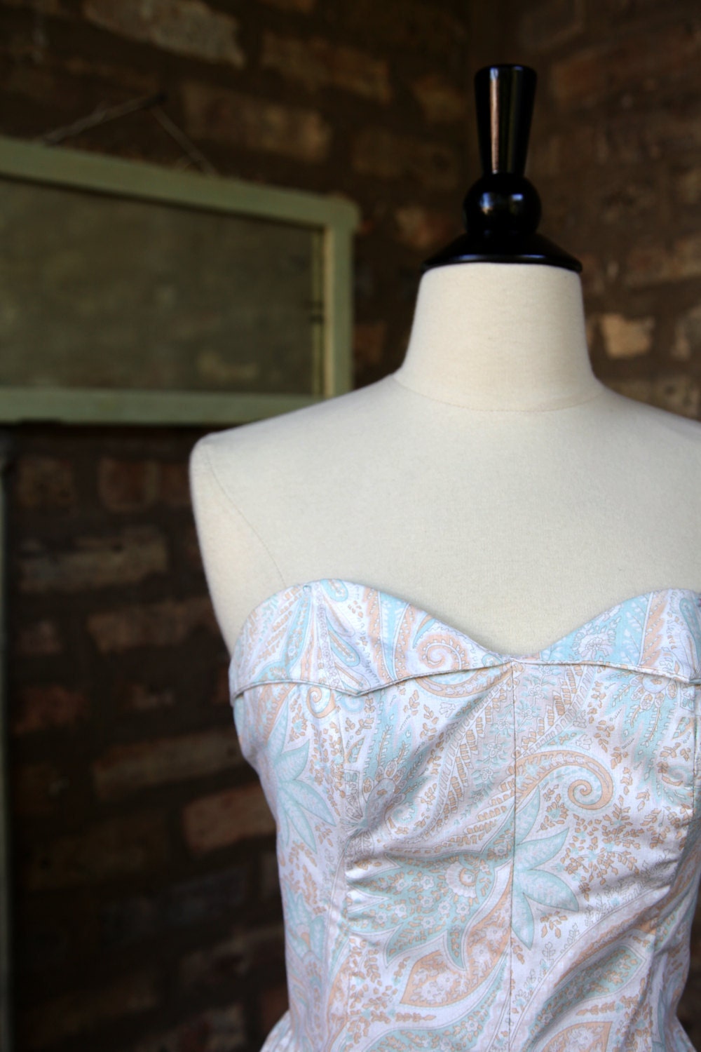 Vintage Peach Blue Paisley Strapless Cotton Sundress