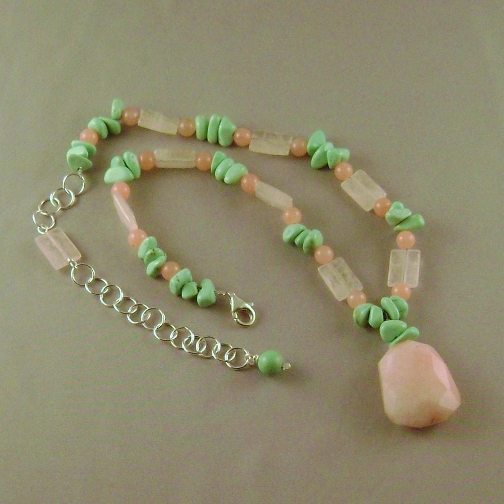 SALE Summer Fun pink candy jade, apple green turquoise and rose quartz sterling silver Nekclace n46